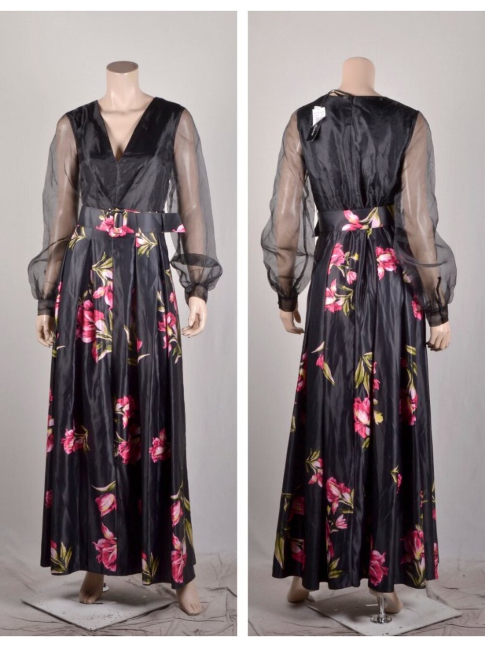 Betsy & Adam Organza-Sleeve Floral Belted Gown - Picture 4 of 4